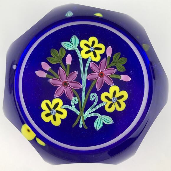 Perthshire 1999E Bouquet on Blue Lampwork Clematis Flower Faceted Paperweight - Picture 1 of 13